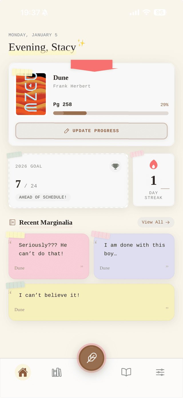 Alia app screenshot showing reading progress, goals, streaks, and marginalia